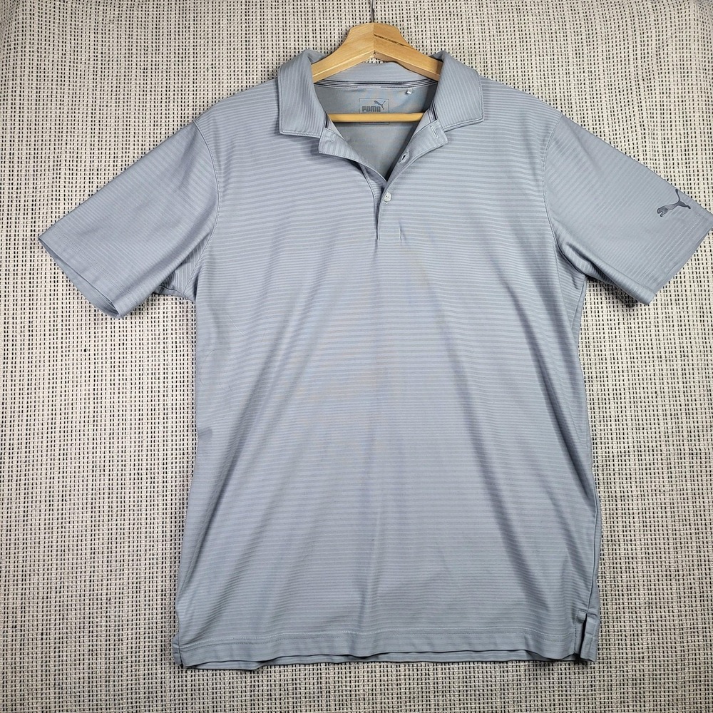 Puma Polo Shirt Mens Large Gray Striped Golf Performance Lightweight Activewear